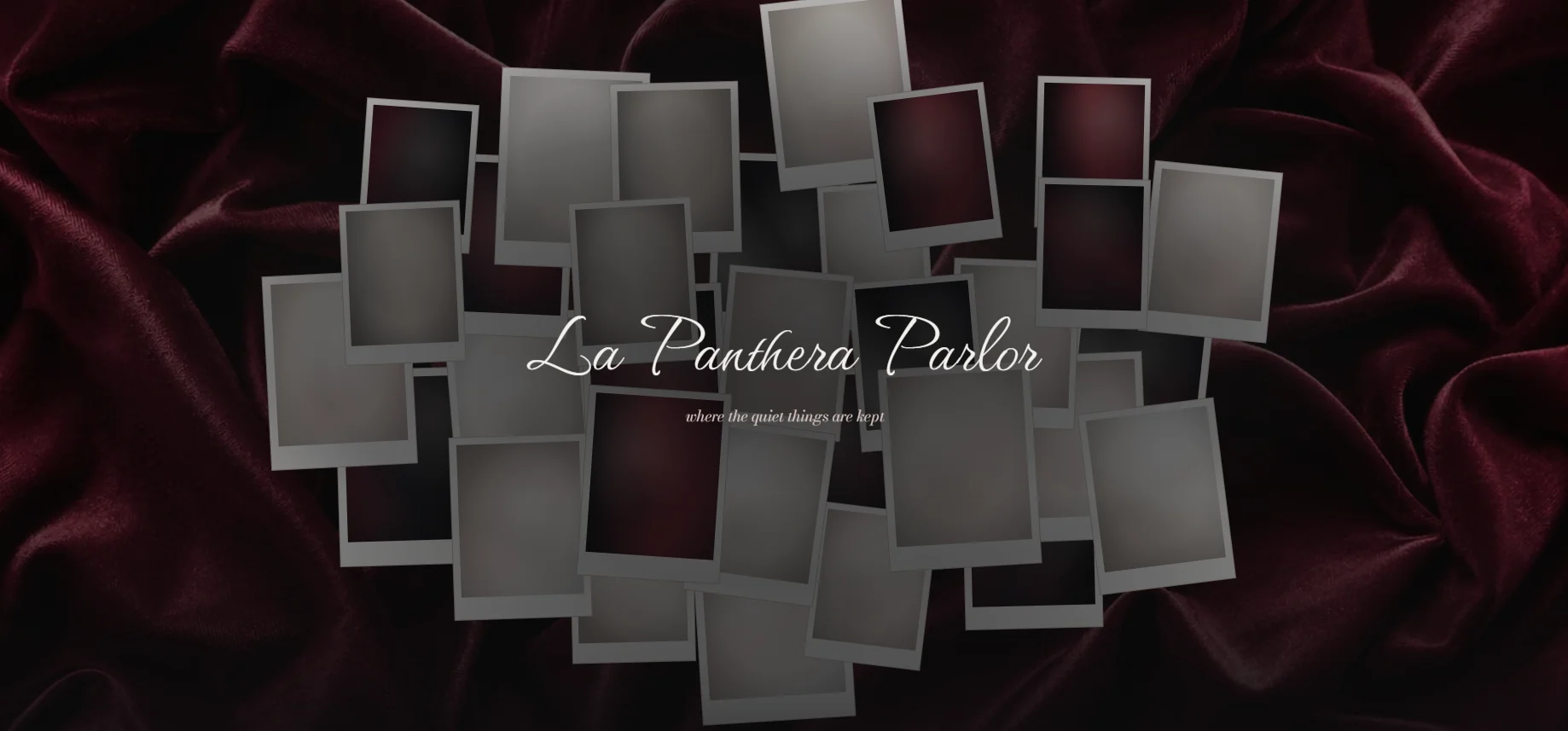 La Panthera Parlor homepage: a scattered wall of polaroids over dark red velvet, with the script wordmark in the center