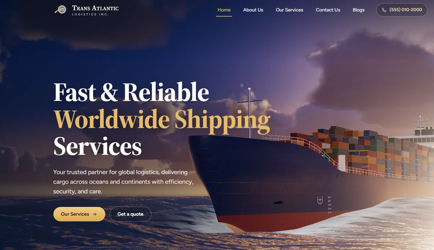 Trans Atlantic Logistics homepage with a container ship crossing the ocean at dusk